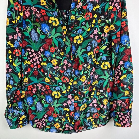Alice + Olivia Eloise Silk Button Down Blouse Black Multi Color Floral Print  S - Picture 3 of 13
